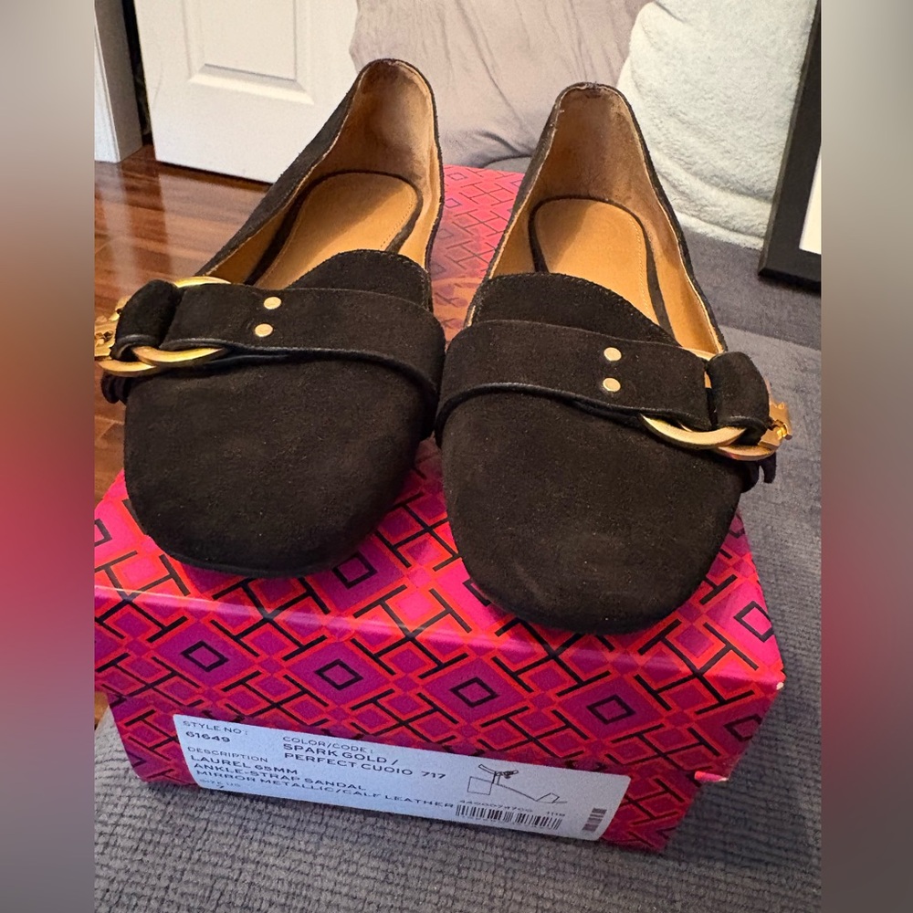 Tory Burch Black Suede Loafers with Gold Buckle - Women